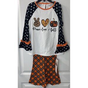 Rare Editions 6X Girls Check Pumpkin Appliqué Peace Love Outfit NWT